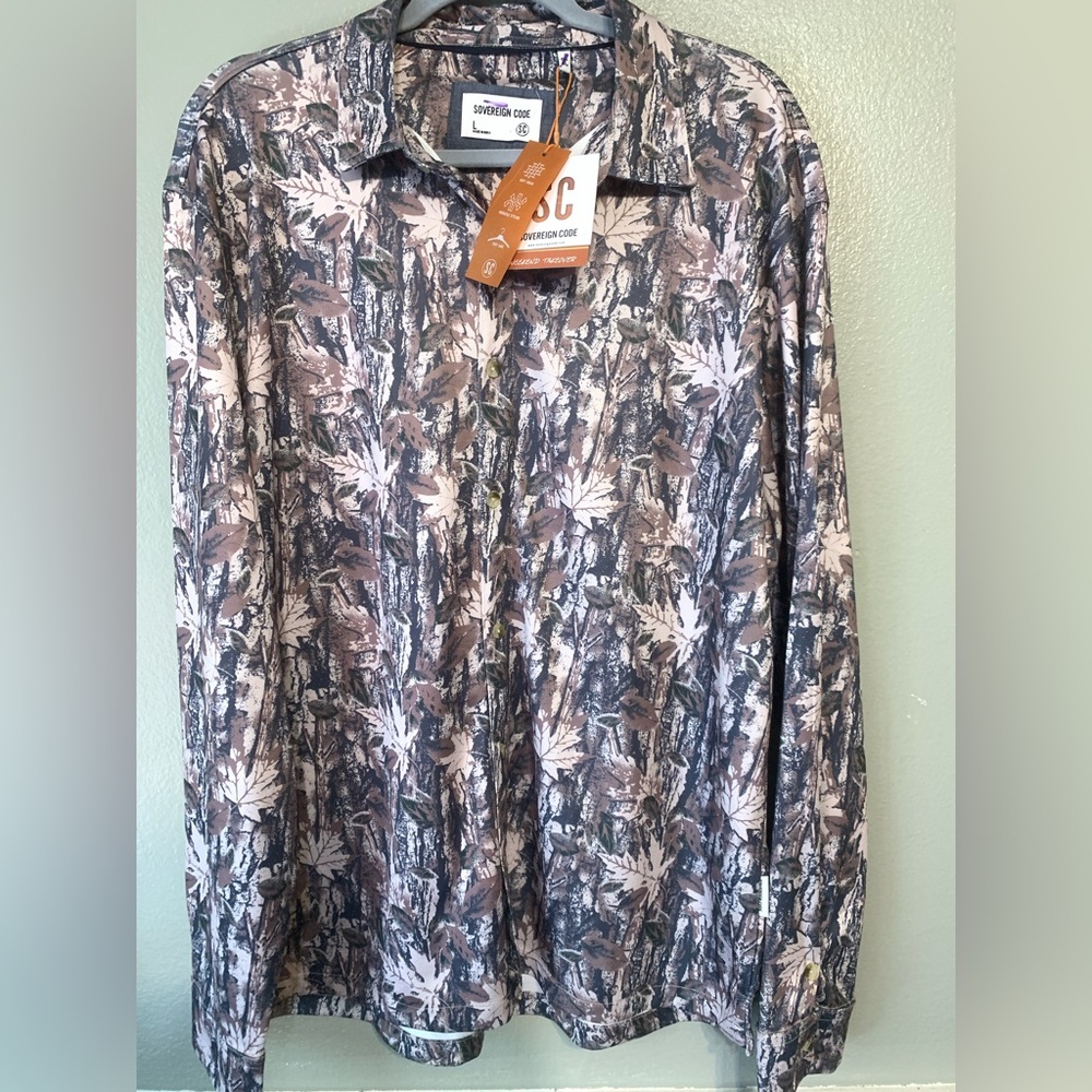Sovereign Code Beige Brown Camouflage Print Button-Up Shirt